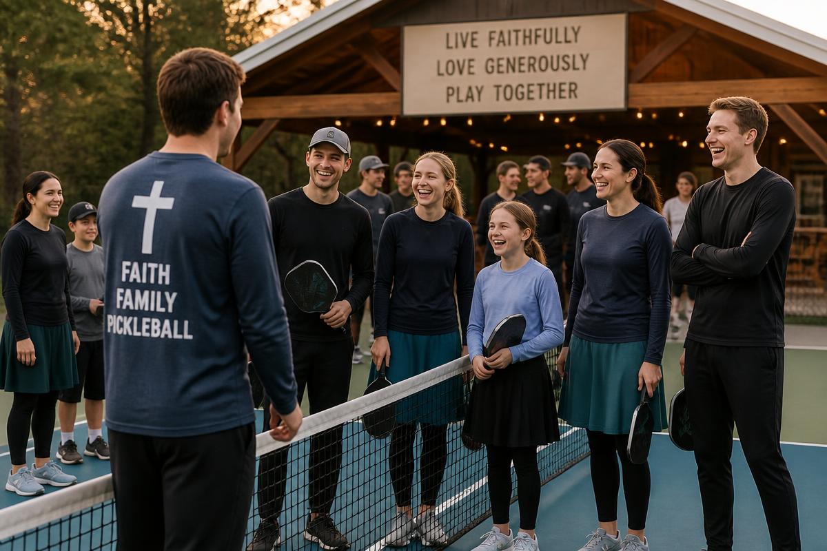 Friends laughing together on a pickleball court