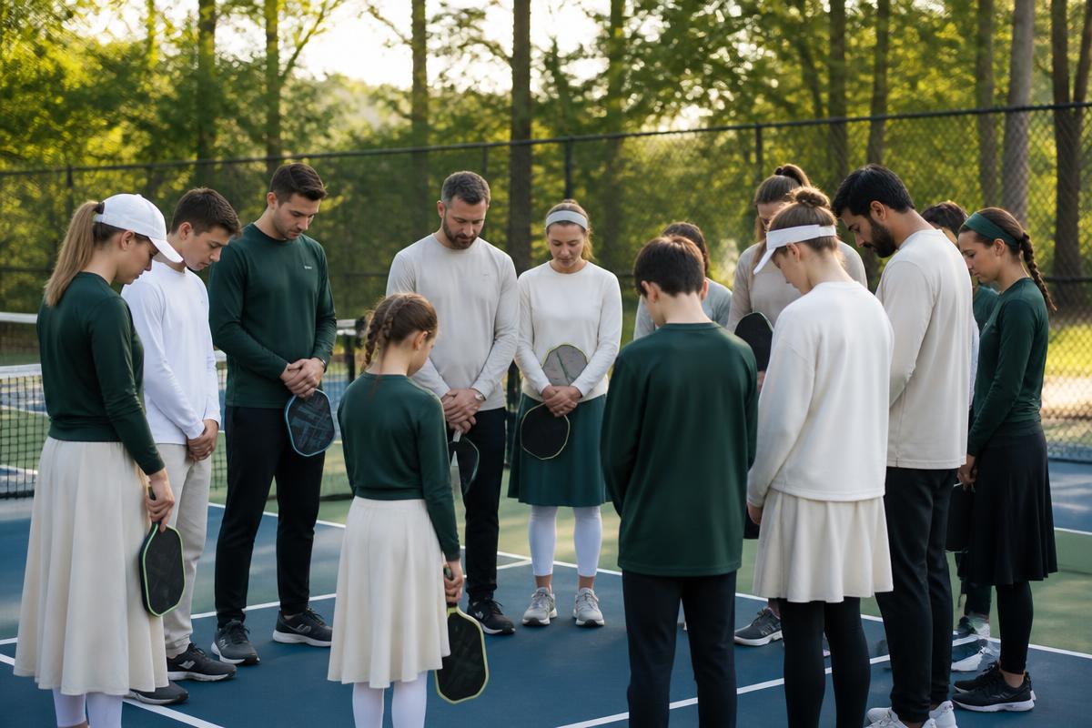 Group of players gathered in prayer on a pickleball court before a session