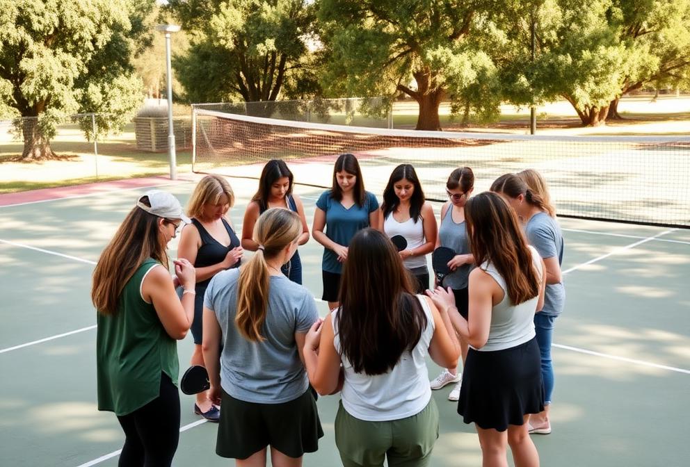 Group of players gathered in prayer on a pickleball court before a session