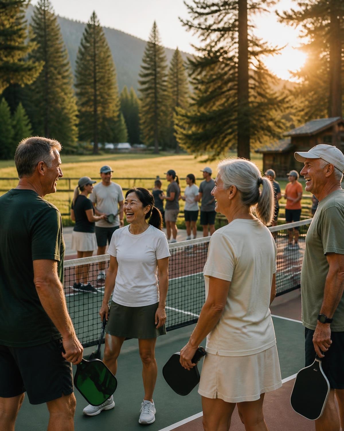 A community of people gathered on a pickleball court at sunset, laughing and talking together