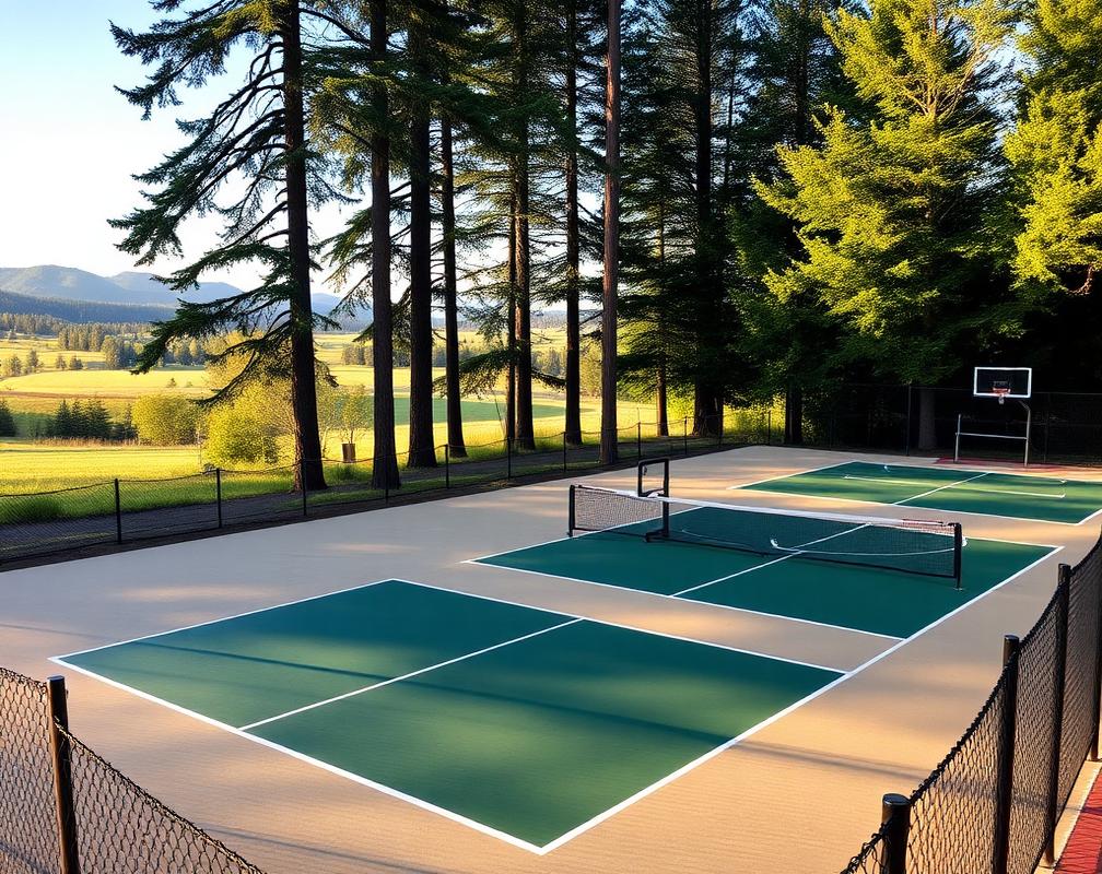 Four pickleball courts at Lacamas Church of God Campgrounds surrounded by trees with views of the lake and golf course